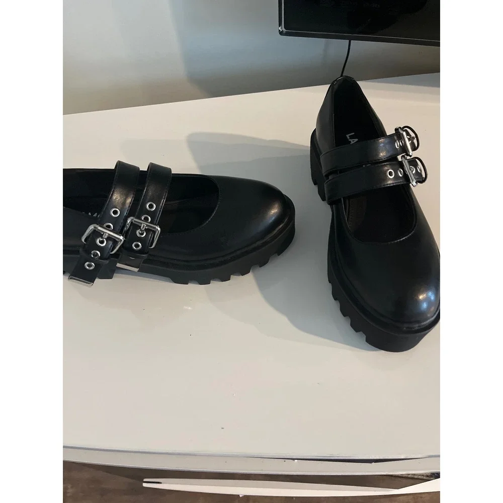 Lamoda Black Double Buckle Platform Mary Jane Lug Sole Shoes Womens 7 Goth‎ Punk